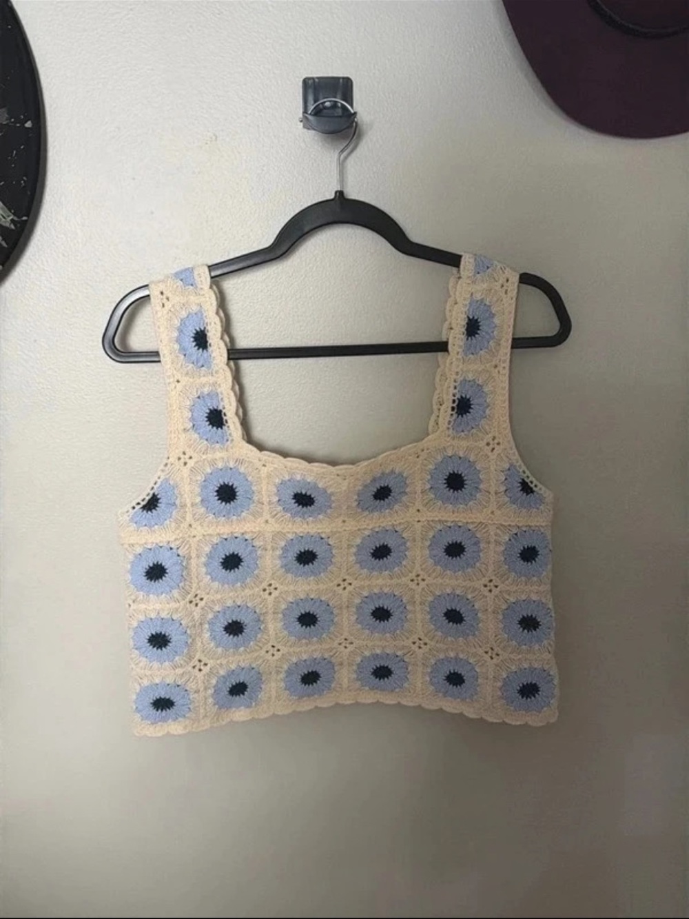 Rebellion Crochet Square Crop Top in Cream and Light Blue
